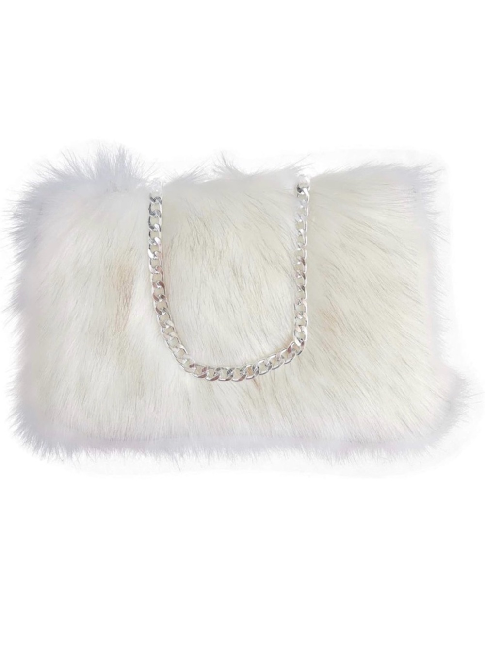 LUXE White Faux Fox Fur Chain Shoulder Bag Purse Handbag Clutch - 12 x 2 x 8 in